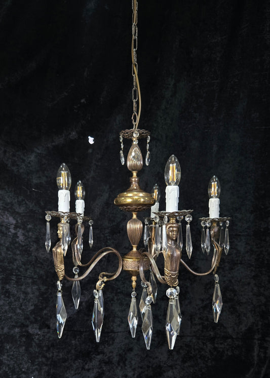 Classical Vintage Italian 5 Arm Crystal Brass Lady Figures Chandelier Light