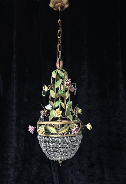 Beautiful Vintage Florentine Italian 1 Light Crystal Roses Toleware Chandelier