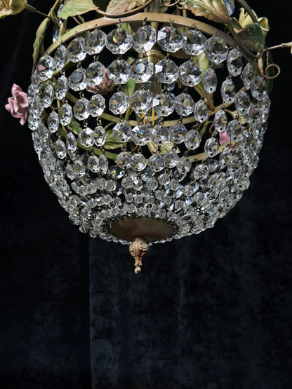 Beautiful Vintage Florentine Italian 1 Light Crystal Roses Toleware Chandelier