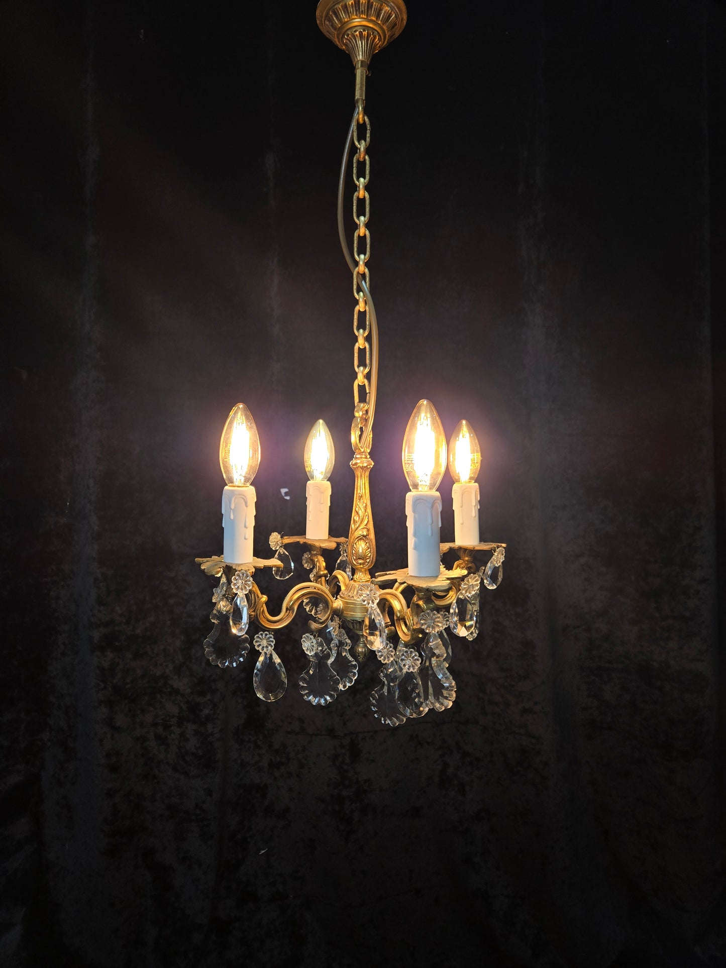 Beautiful Antique Petite French 4 Arm Bronze Brass Crystal Chandelier Light