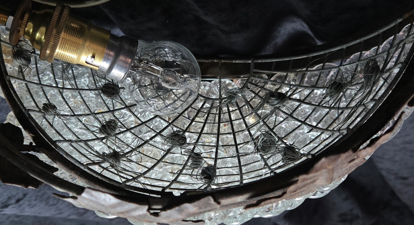 Fabulous Pair Vintage French Iron Murano Glass Basket Leaf Wall Lights Sconces