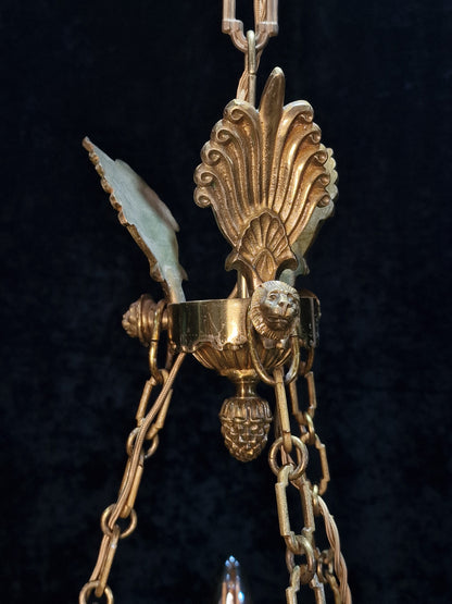 Stately Heavy Vintage French 6 Light Brass Empire Swans Lionheads Chandelier
