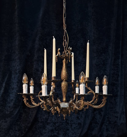 Decorative Vintage Italian Brass Cherub 8 Arm 4 Candle Chandelier Ceiling Light