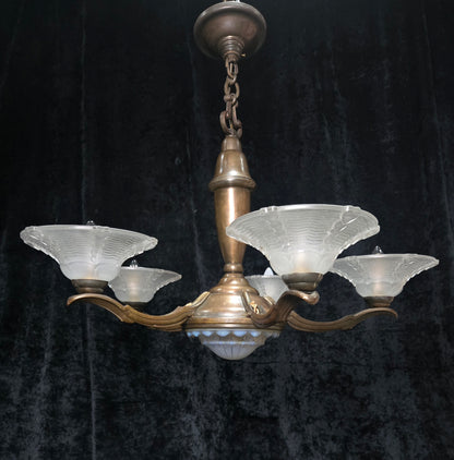 Large Antique French EZAN Art Deco 5 Arm 6 Light Brass Heavy Chandelier Light