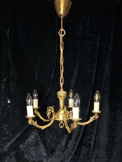 Traditional Vintage French 5 Arm Heavy Brass Flower Bud Chandelier ceiling Light