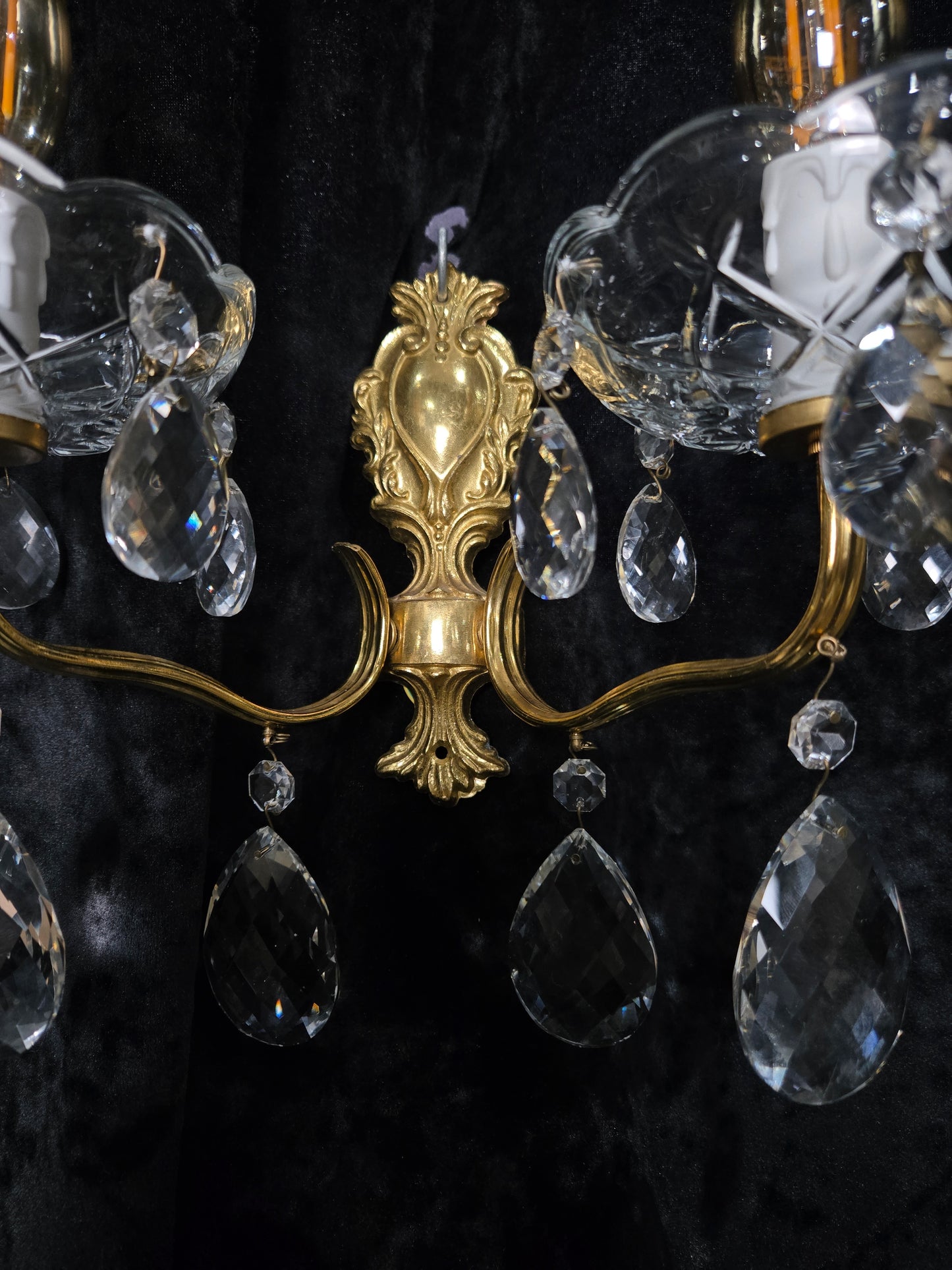 Fabulous Pair Vintage French 2 Arm Brass Leaf Crystal Wall Lights Sconces