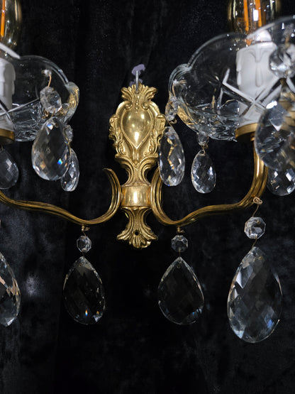 Fabulous Pair Vintage French 2 Arm Brass Leaf Crystal Wall Lights Sconces