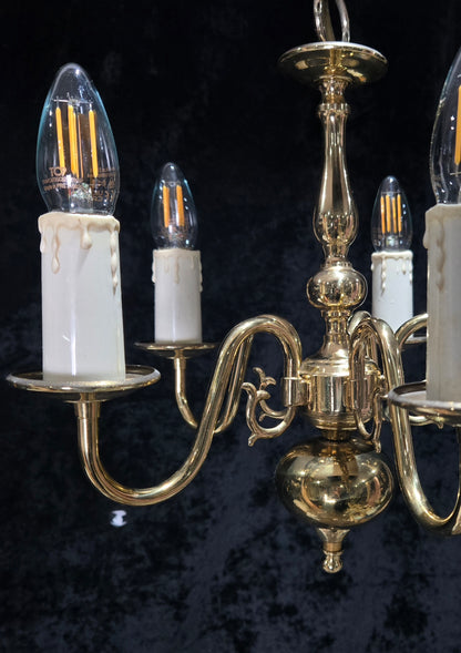 Classical Vintage Small 5 Arm Polished Brass Flemish Chandelier Ceiling Light