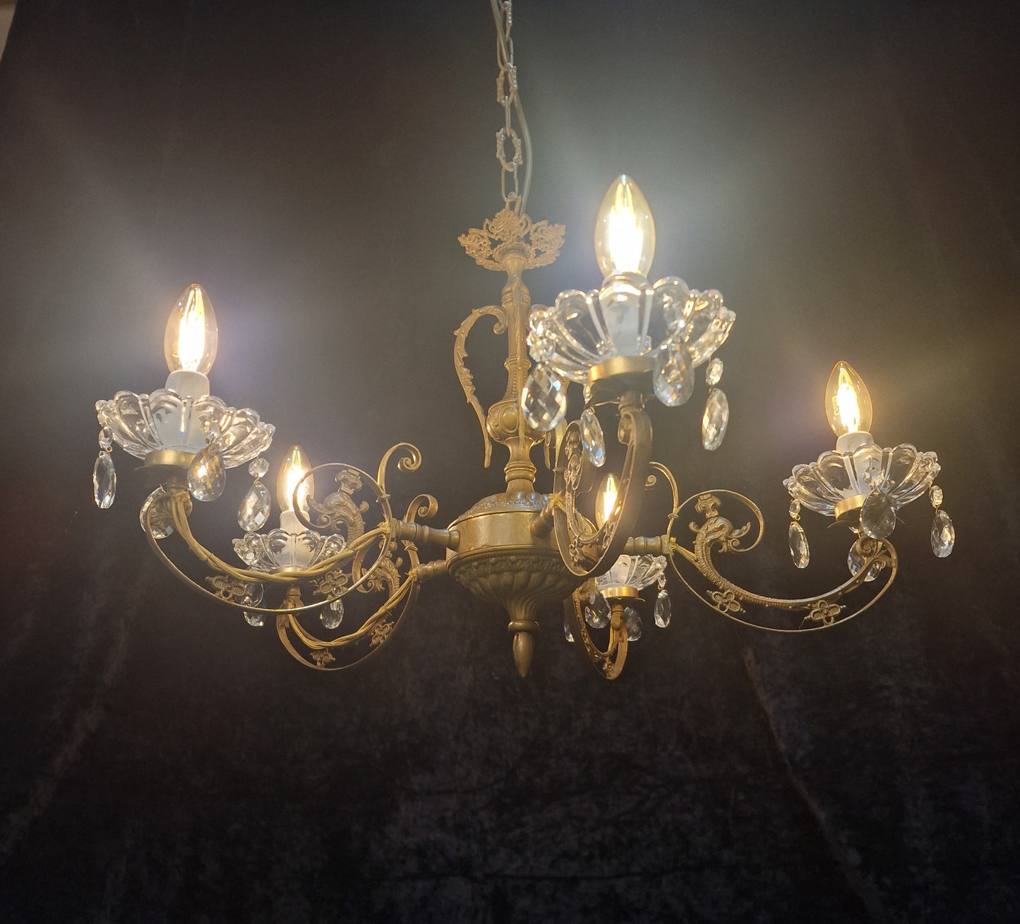 Beautiful 5 Arm Vintage Italian Brass and Crystal Dolphin Chandelier Light