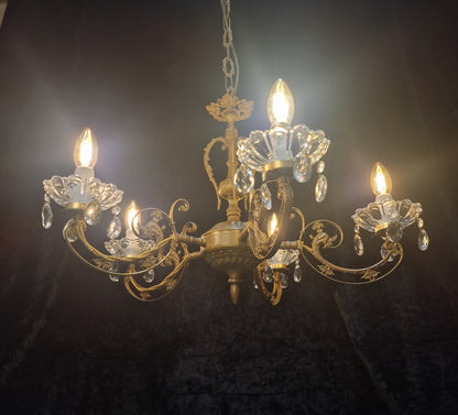 Beautiful 5 Arm Vintage Italian Brass and Crystal Dolphin Chandelier Light