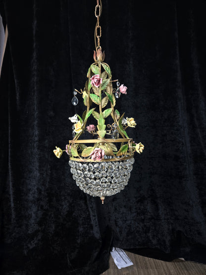 Beautiful Vintage Florentine Italian 1 Light Crystal Roses Toleware Chandelier