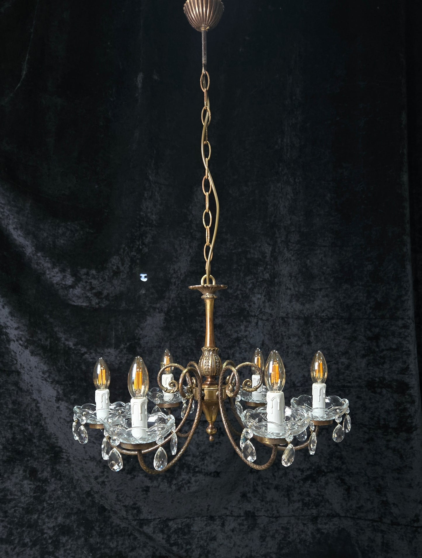 Classical Vintage Italian Brass 6 Arm Glass Crystal Chandelier Ceiling Light