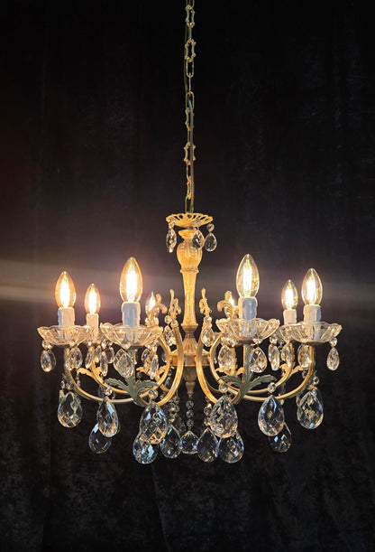 Elegant Vintage Italian 8 Arm Brass Crystal Leaf Chandelier Ceiling Light