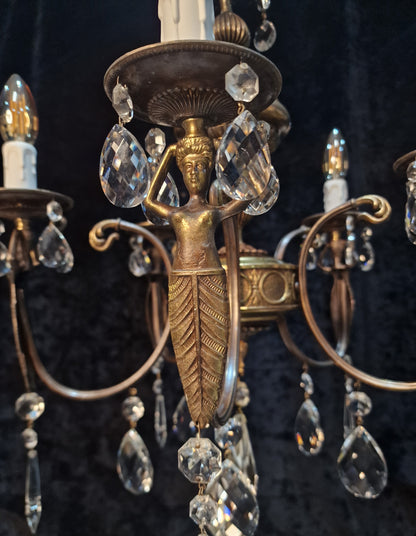 Unique Elegant Vintage Italian 5 Arm Brass and Crystal Mermaid Chandelier Light