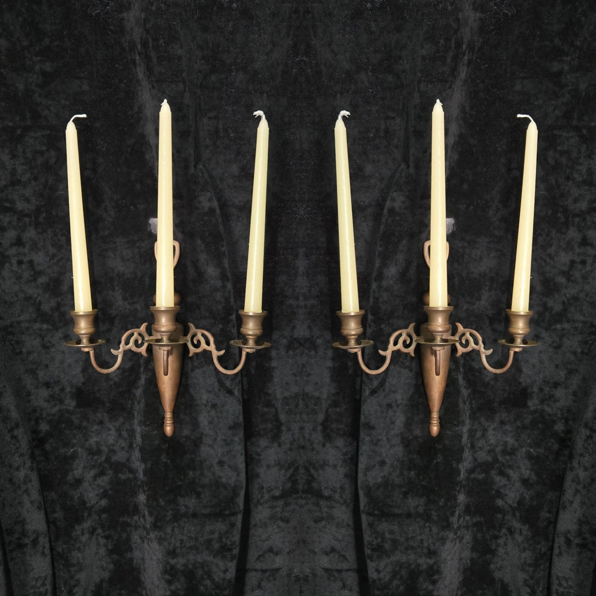 Traditional Pair of Antique 3 Arm Brass Flemish Candle Wall Lights Sconces