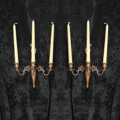 Traditional Pair of Antique 3 Arm Brass Flemish Candle Wall Lights Sconces
