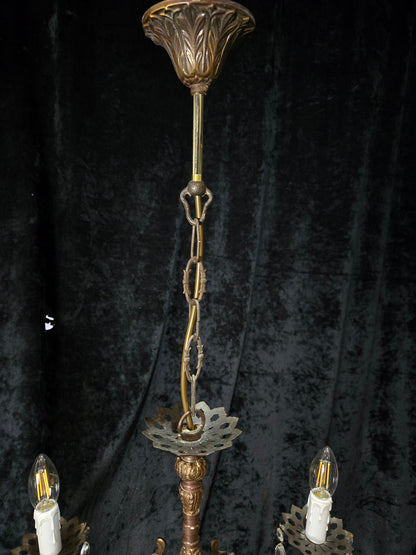 Lovely Vintage Italian 3 Arm Brass and Crystal Chandelier Ceiling Light
