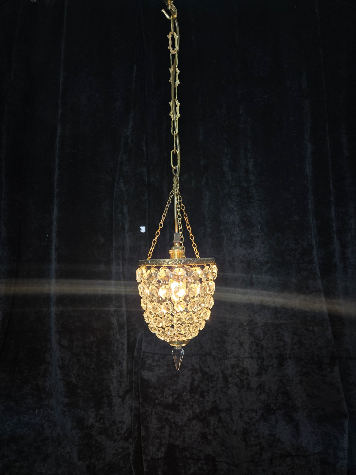 Petite Antique French Crystal Half Bag Brass 1 Light Chandelier Ceiling Light