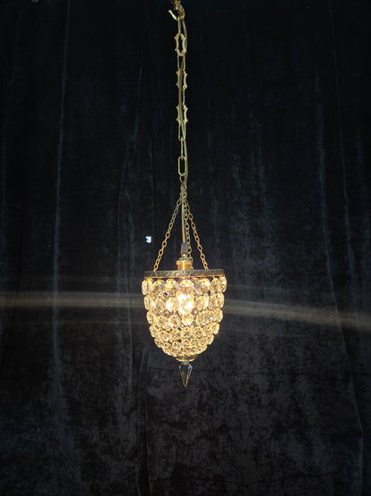 Petite Antique French Crystal Half Bag Brass 1 Light Chandelier Ceiling Light