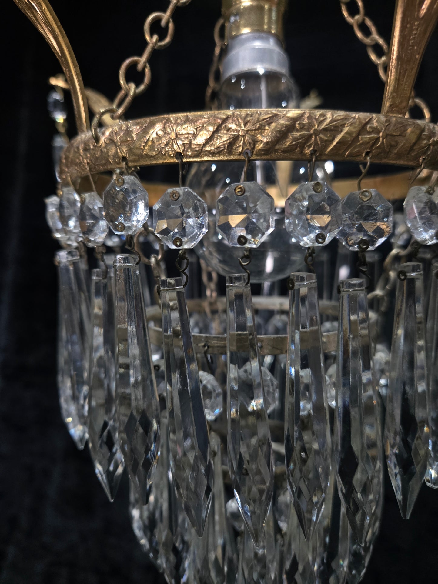 Beautiful Antique French Crystal Waterfall Brass Leaf Chandelier Ceiling Light