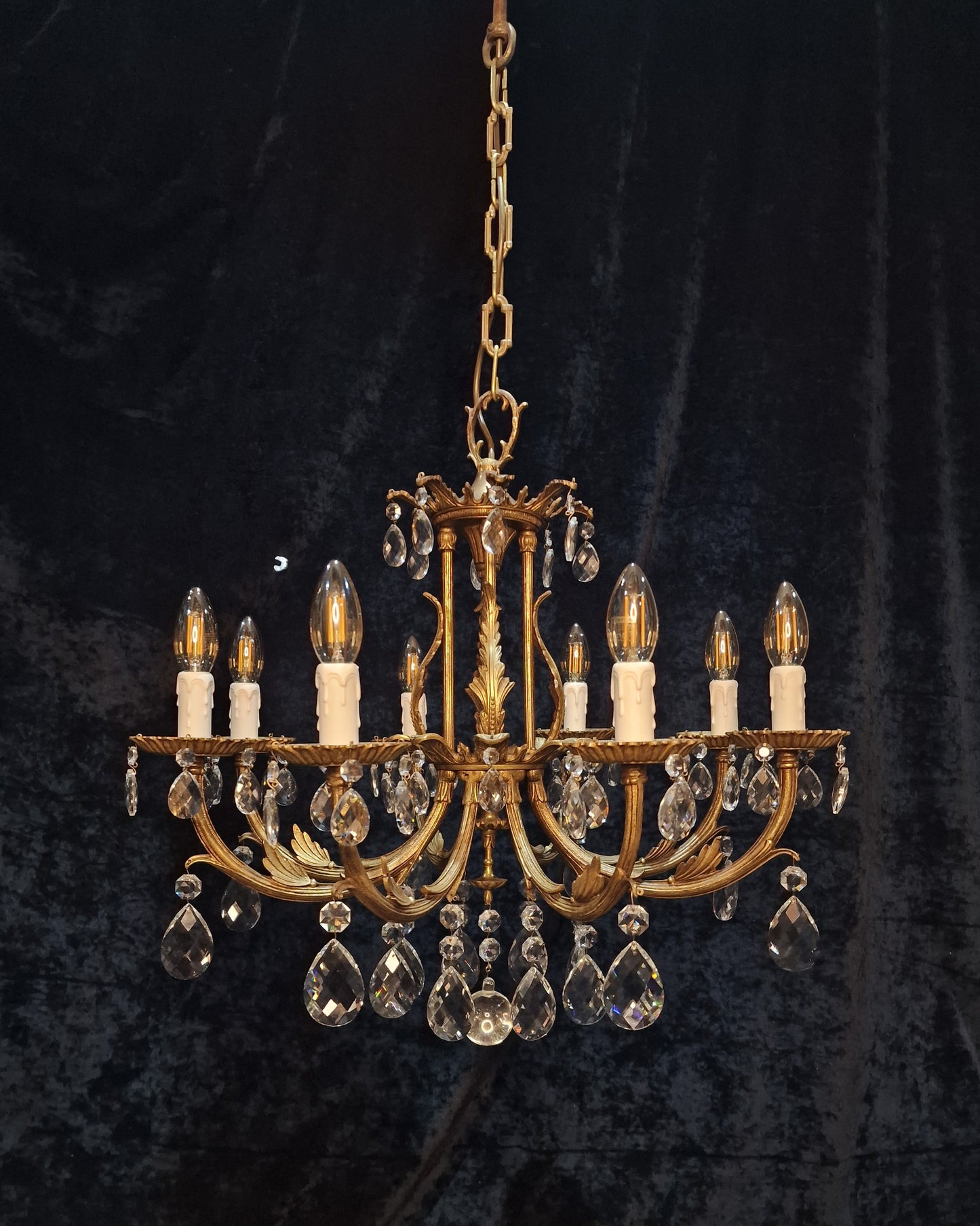 Stunning Heavy Large Antique Vintage French Brass Crystal 8 Arm Chandelier Light
