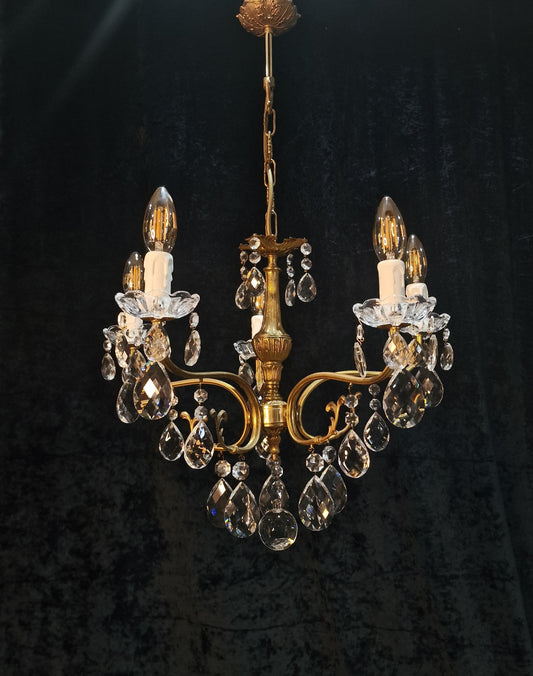 Lovely Vintage French 5 Arm Brass and Crystal Leaf Chandelier Ceiling Light