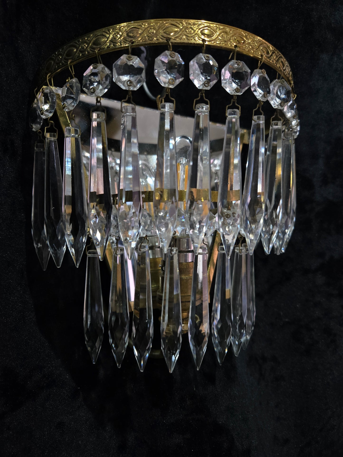 Lovely Pair Antique French 1 Light Crystal Brass Waterfall Mirror Wall Sconces