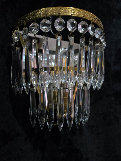 Lovely Pair Antique French 1 Light Crystal Brass Waterfall Mirror Wall Sconces