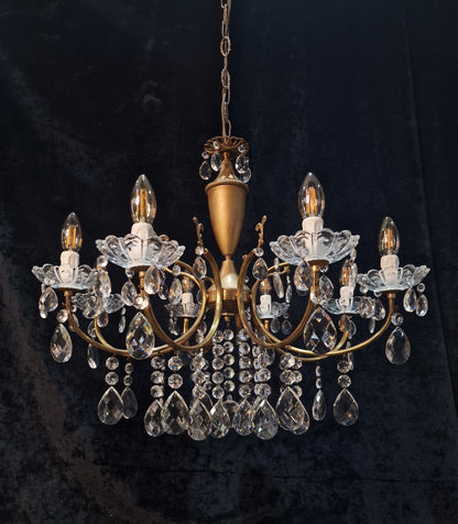 Fabulous Vintage Italian 8 Arm Brass and Crystal Leaf Chandelier Ceiling Light