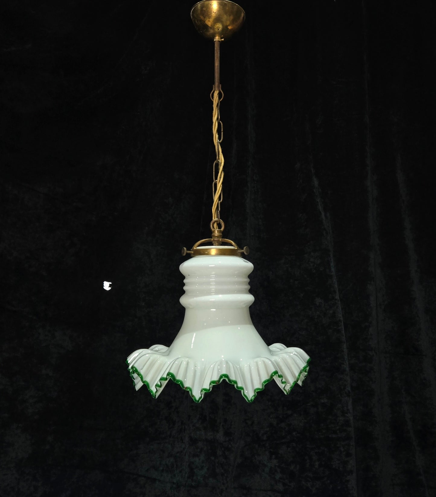 Fabulous Antique French Large Opaline Glass Shade Green Edging Brass Light
