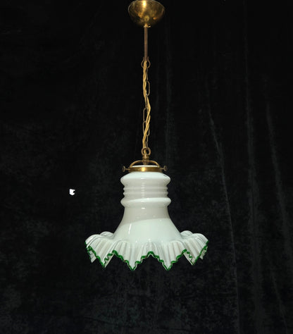 Fabulous Antique French Large Opaline Glass Shade Green Edging Brass Light