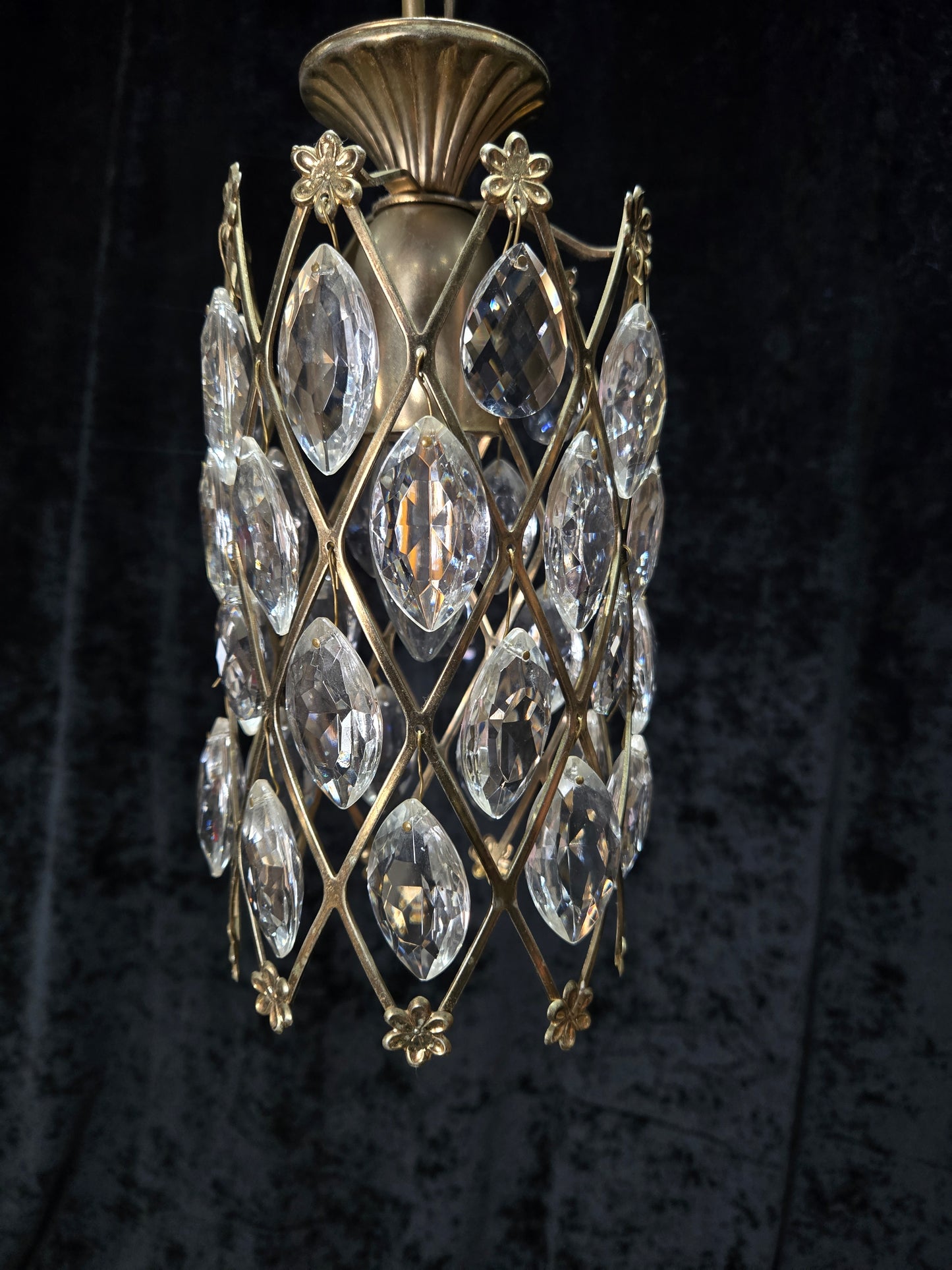 Unique Vintage Italian 1 Light Brass Small Cylinder Crystal Caged Chandelier