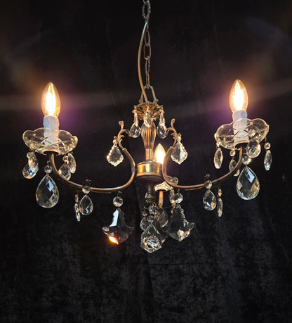 Lovely Vintage Italian 3 Arm Brass Foliage Crystal Chandelier Ceiling Light