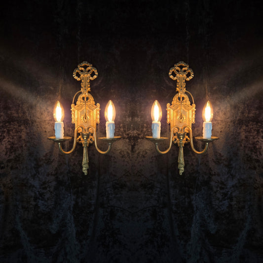 RESERVED Decorative Pair Vintage Italian Stamped 2 Arm Swag and Bows Brass Sconces Lights