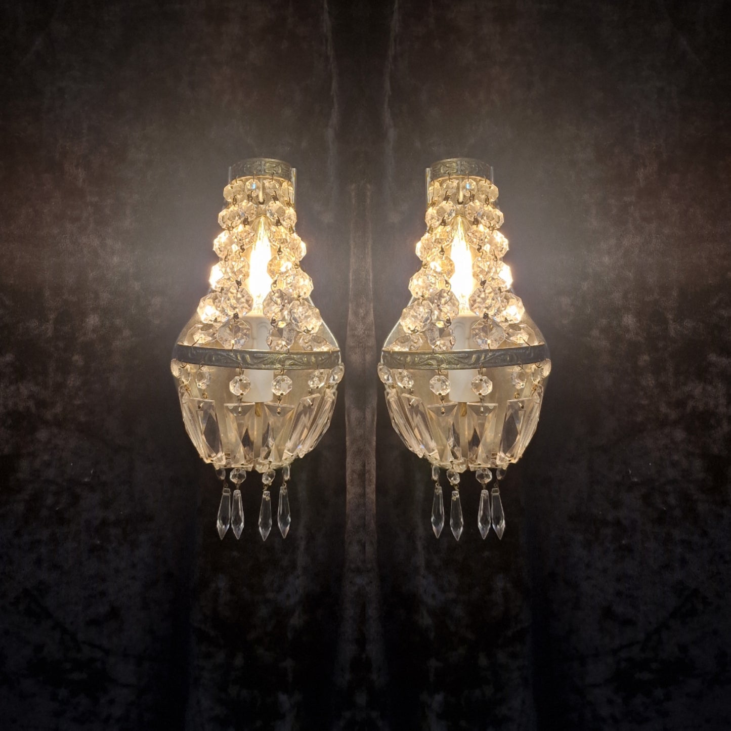 Stunning Pair of Vintage French Brass Crystal Montgolfiere Sconces Wall Lights