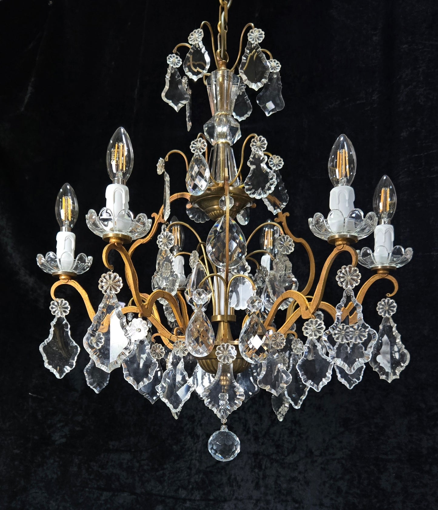 Gorgeous Antique French 6 Arm 7 Light Brass Bronze Cage Crystal Chandelier Light