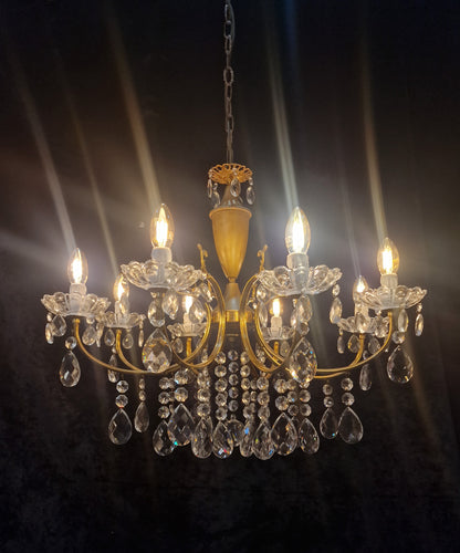Fabulous Vintage Italian 8 Arm Brass and Crystal Leaf Chandelier Ceiling Light