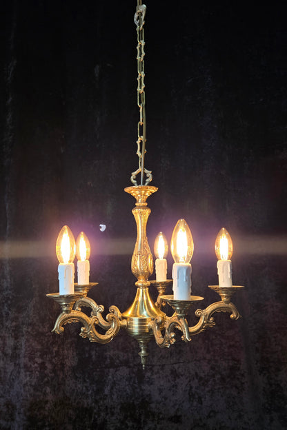 Classical Vintage French 5 Arm Brass Rococo Style Chandelier Ceiling Light