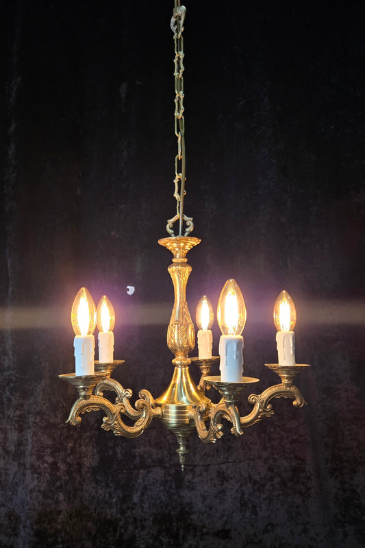 Classical Vintage French 5 Arm Brass Rococo Style Chandelier Ceiling Light
