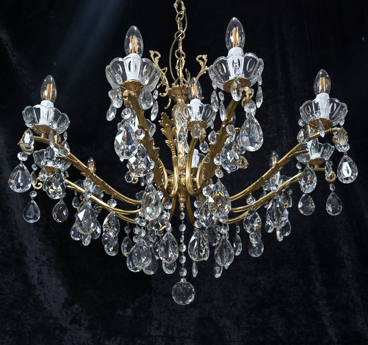 Fabulous Large Vintage Italian Heavy 10 Arm 15 Light Brass Crystal Chandelier