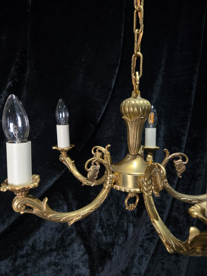 Traditional Vintage French 5 Arm Heavy Brass Flower Bud Chandelier ceiling Light