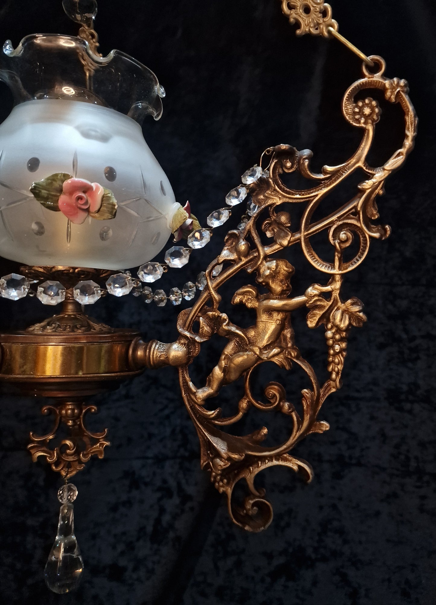 Beautiful Vintage Brass Italian Cherub Flower Caged Crystal Chandelier Light