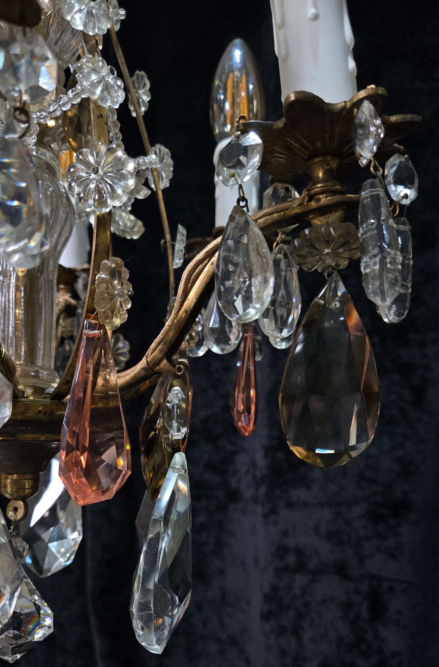 Beautiful Antique Italian 6 Arm Brass Crystal Cage Chandelier Ceiling Light