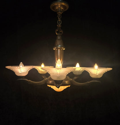 Large Antique French EZAN Art Deco 5 Arm 6 Light Brass Heavy Chandelier Light