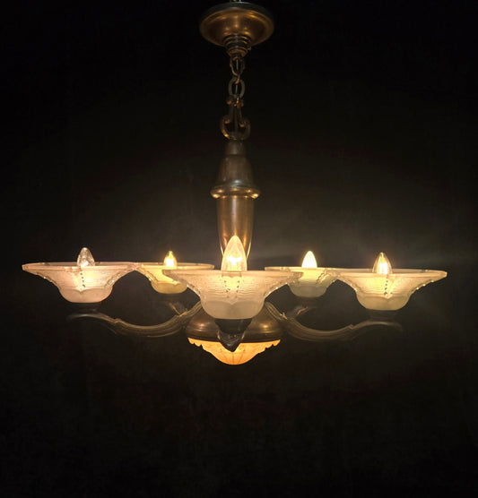 Large Antique French EZAN Art Deco 5 Arm 6 Light Brass Heavy Chandelier Light