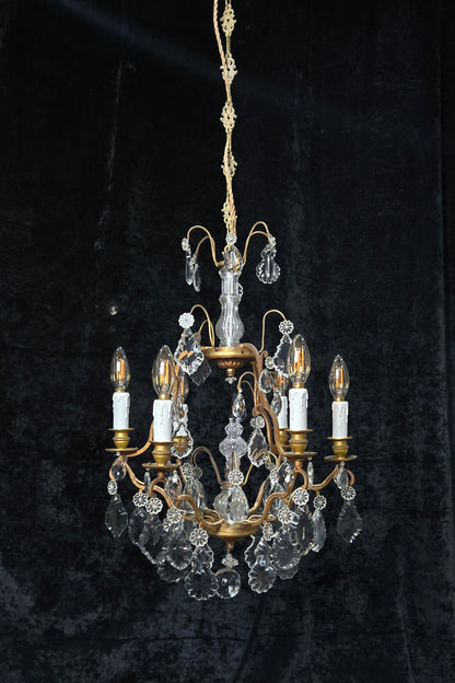 Stunning Antique French 6 Arm Cage Bronze Crystal Chandelier Ceiling Light
