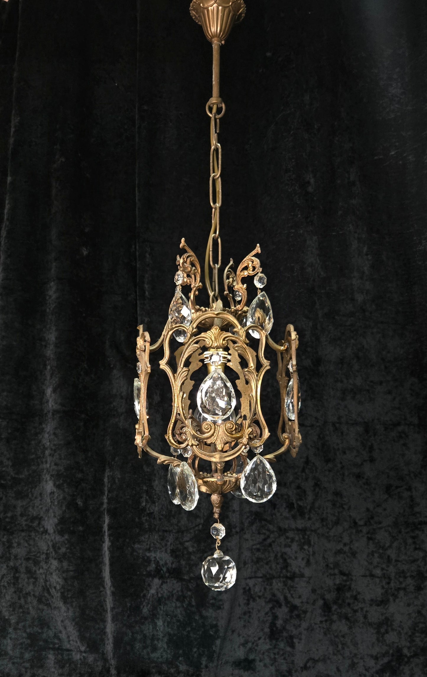 Beautiful Antique French 1 Light Brass Crystal Cage Chandelier Ceiling Light