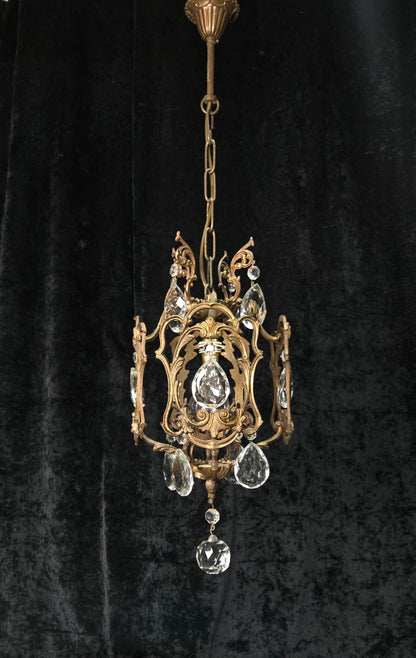 Beautiful Antique French 1 Light Brass Crystal Cage Chandelier Ceiling Light