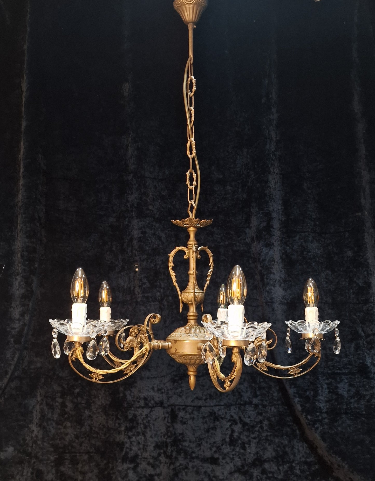 Beautiful 5 Arm Vintage Italian Brass and Crystal Dolphin Chandelier Light