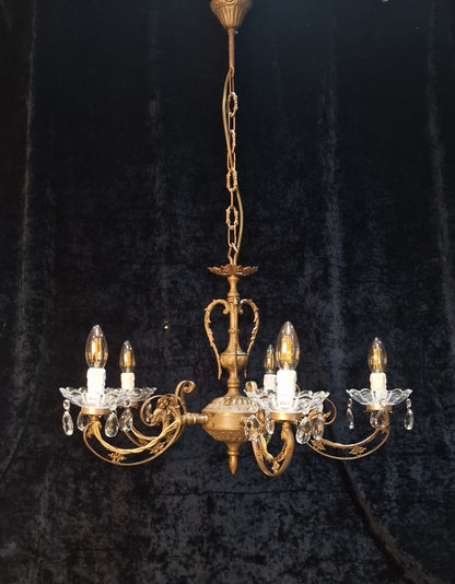 Beautiful 5 Arm Vintage Italian Brass and Crystal Dolphin Chandelier Light